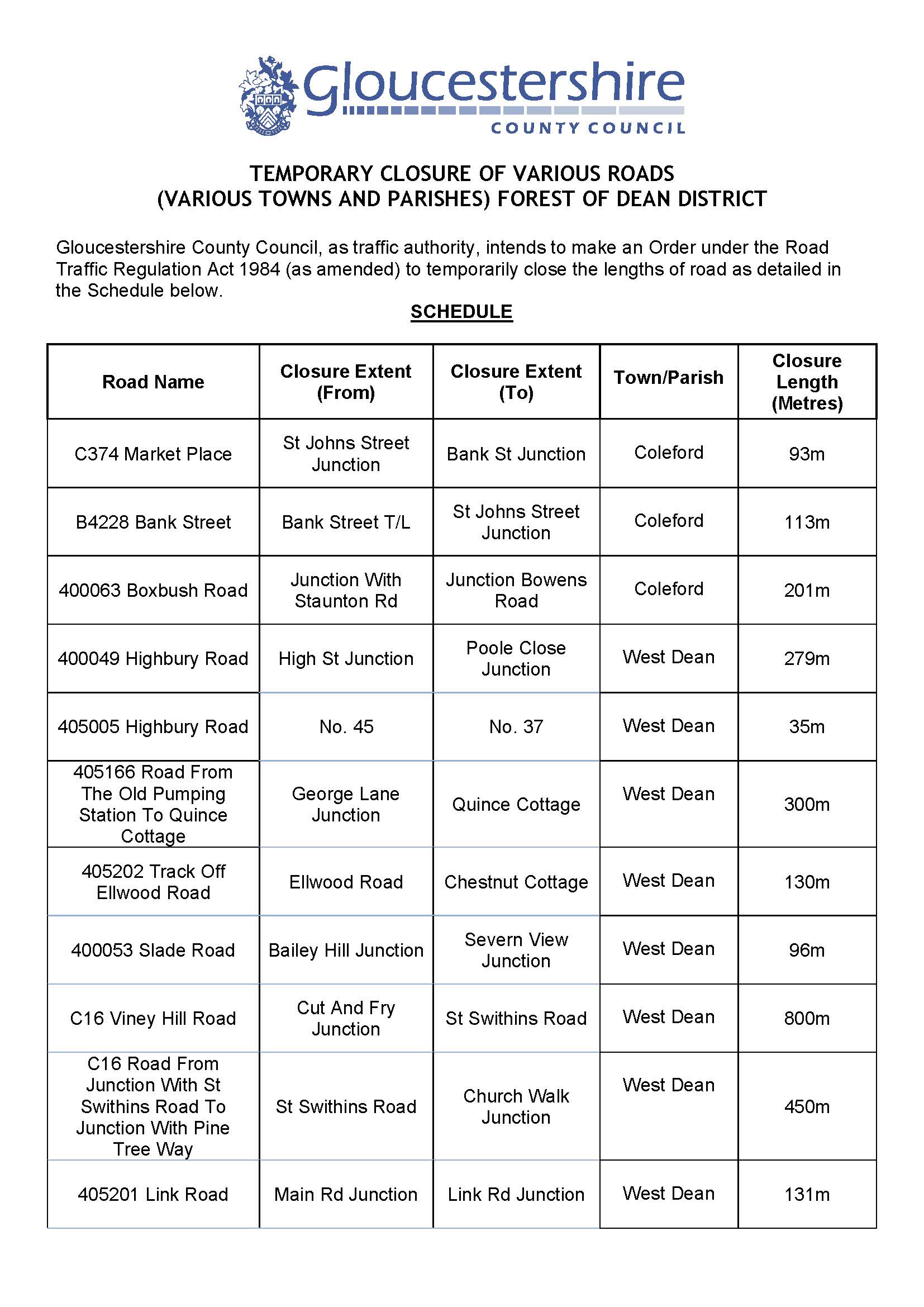 GCC Highways Temporary Road Closure List 21.08.26 - 31.03.27